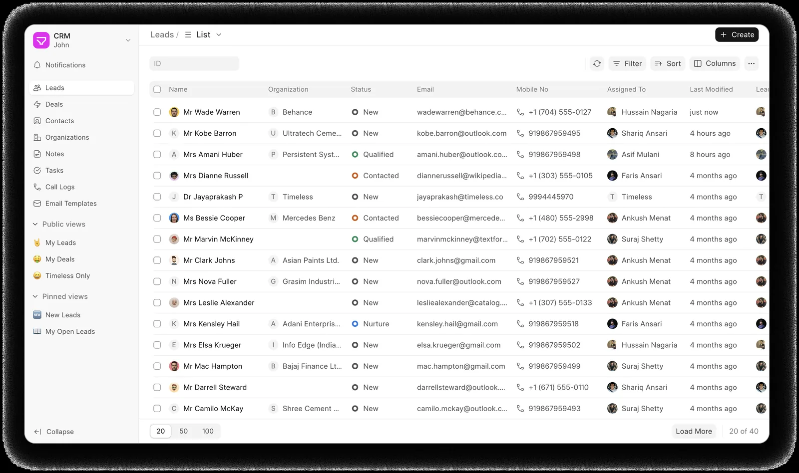 Lead list view in Trivena CRM showing name, organization, status, owner, and last activity