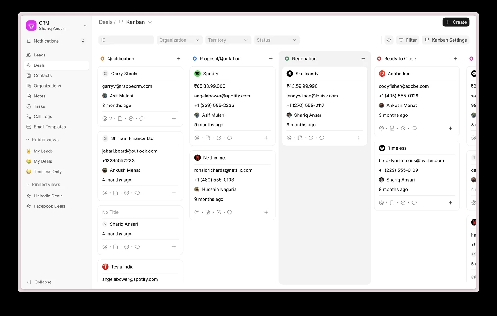 Deal pipeline board in Trivena CRM with qualification, proposal, negotiation, and ready to close columns