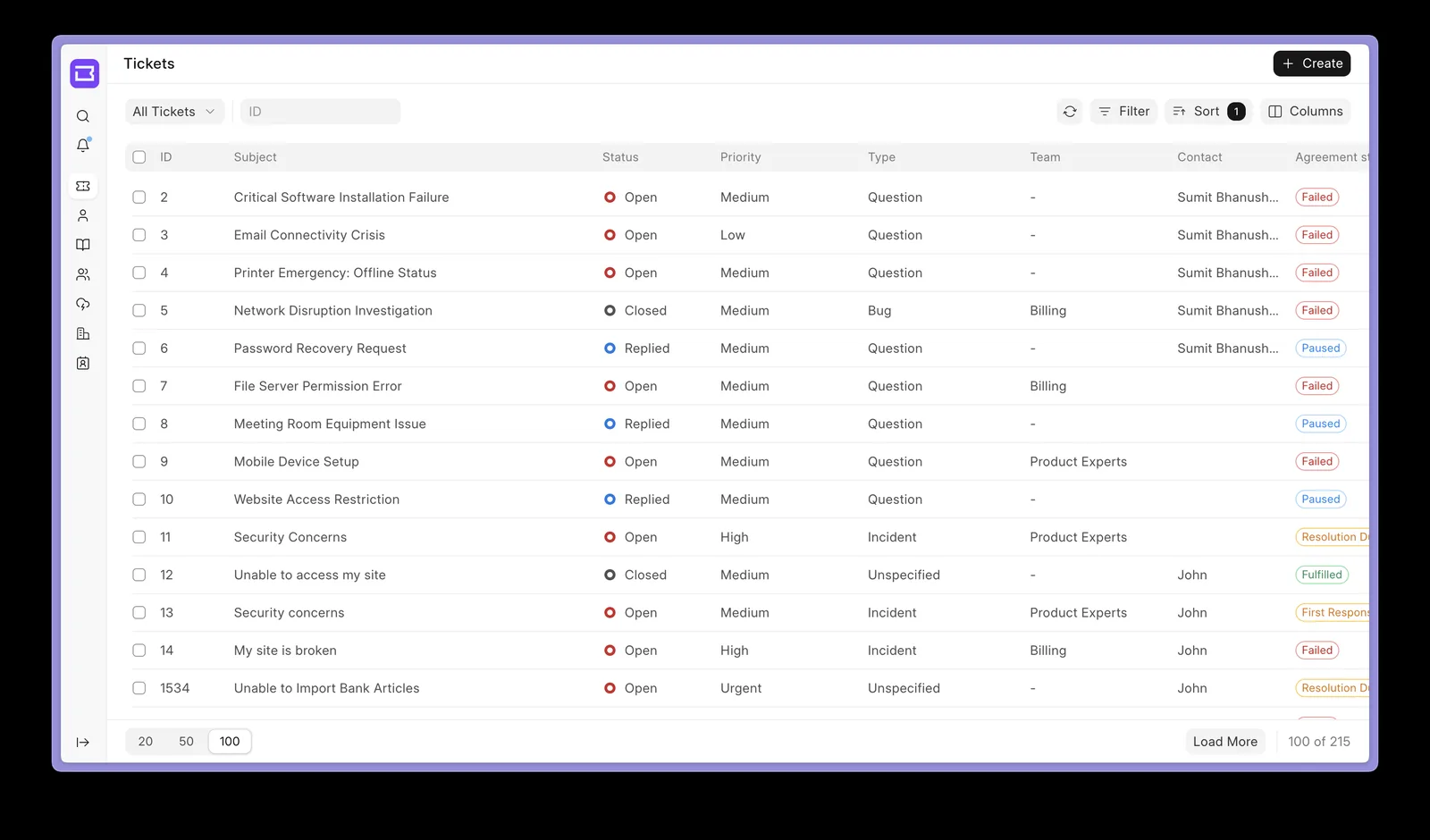 Agent ticket queue in Trivena Helpdesk with status, priority, team, contact, and SLA state per ticket