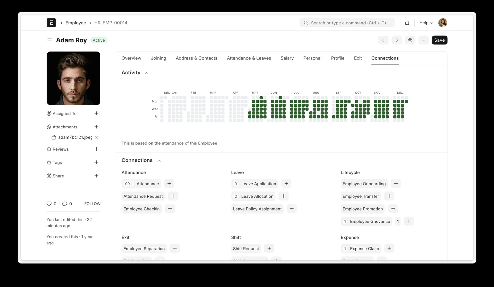 Employee record in Trivena HR with attendance activity and links to leave, lifecycle, and expense records