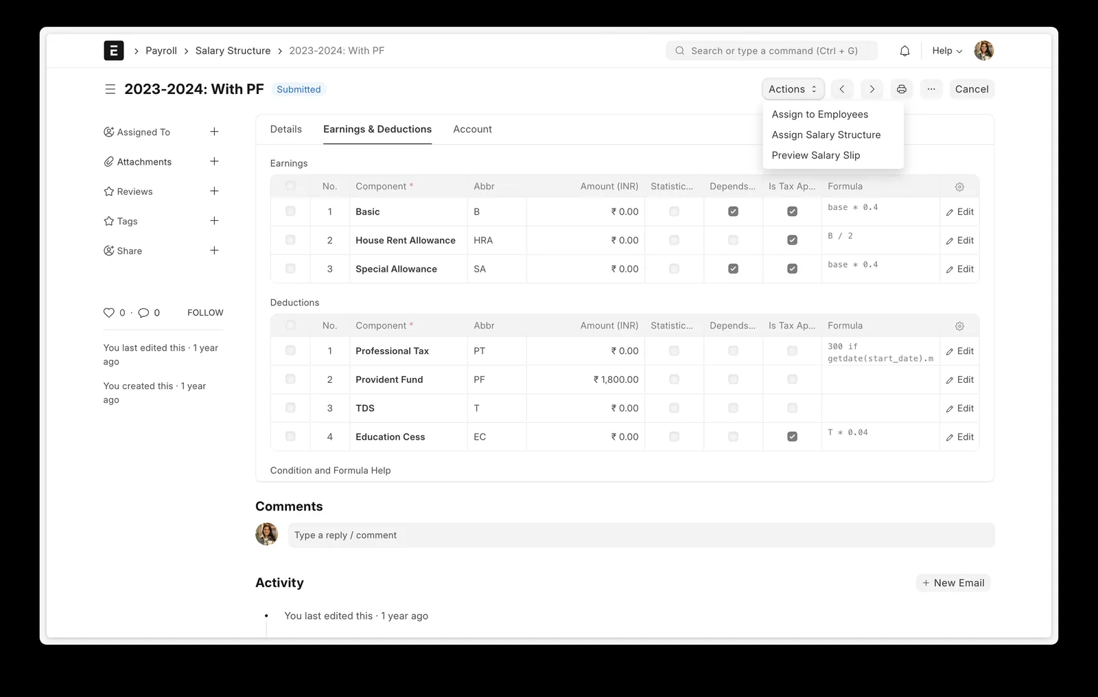 Salary structure in Trivena HR listing earnings and deductions with formulas